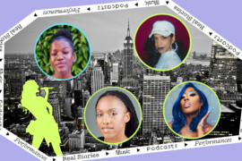Four women's faces on a backdrop of New York City
