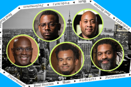 Five headshots of men on a background of the NYC skyline
